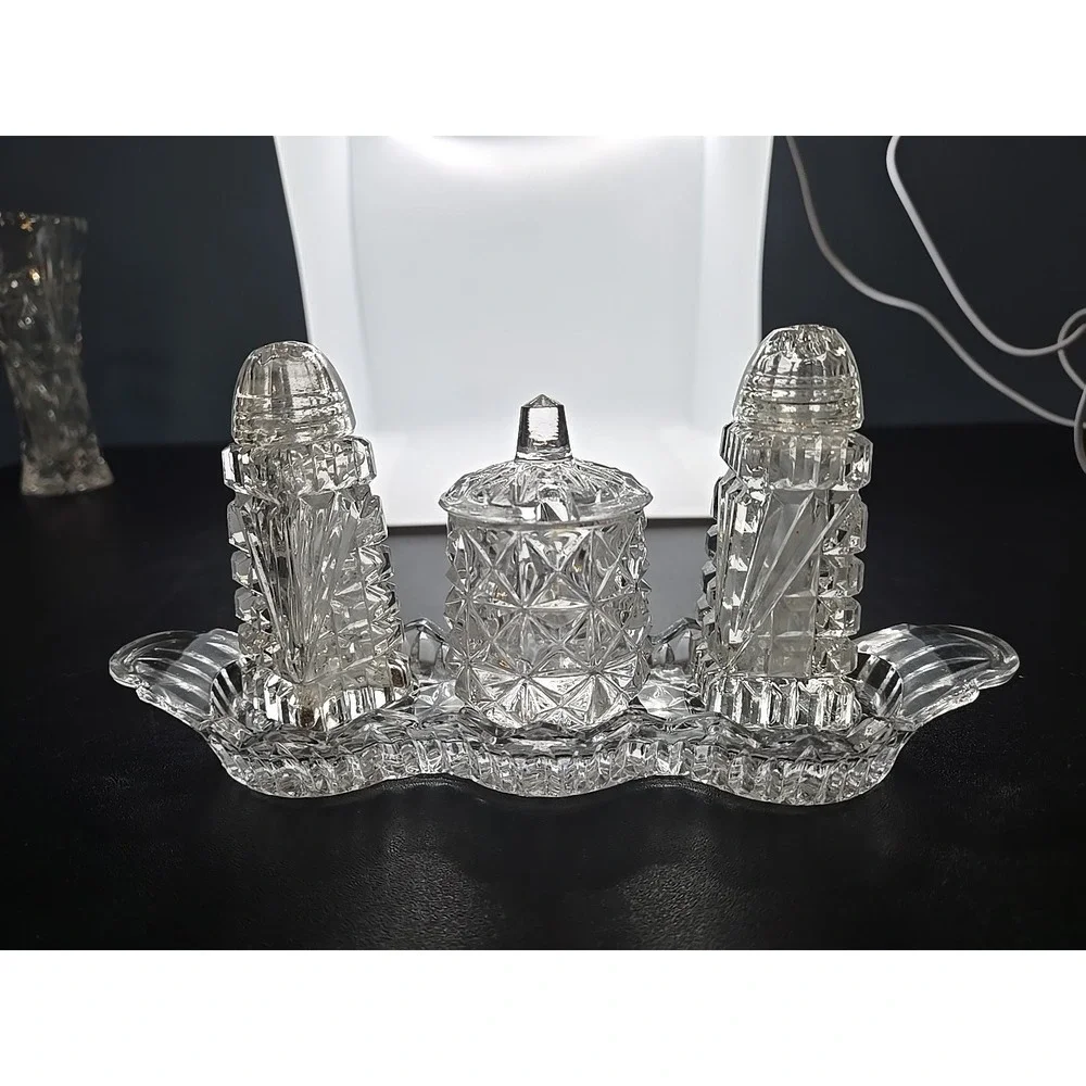 Vintage Crystal Glass Condiment Set Salt  Pepper Mustard Jam On Tray‎